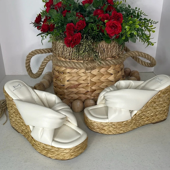 Marc Fisher Navina Espadrille Wedge Sandal Ivory/ Leather Sz 8.5 - Picture 2 of 11
